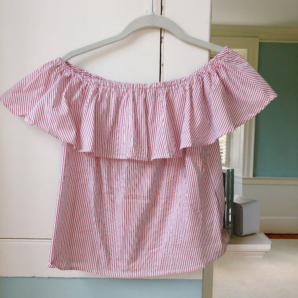 f21: red + white striped off the shoulder blouse